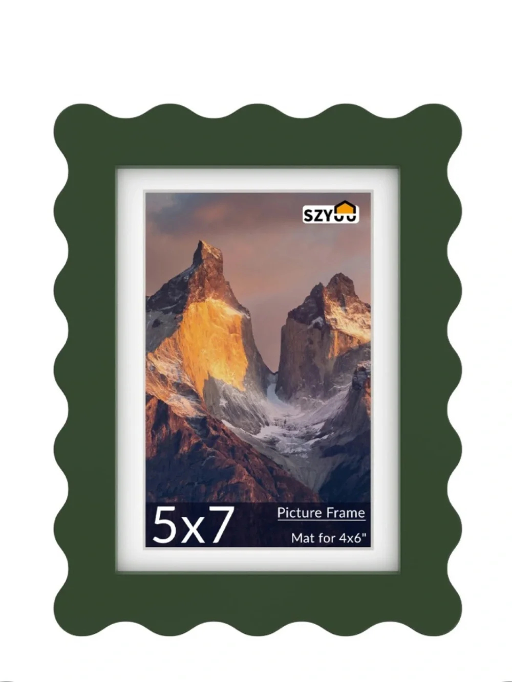 Green Wavy Picture Frame with Mat MDF Wood & Real Glass  5x7”